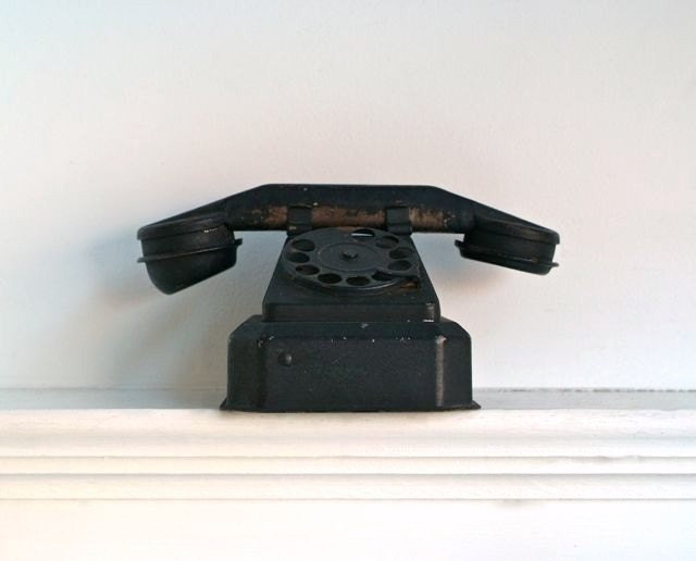 Reserved For Helen Vintage Black Metal Rotary Dial Toy Telephone