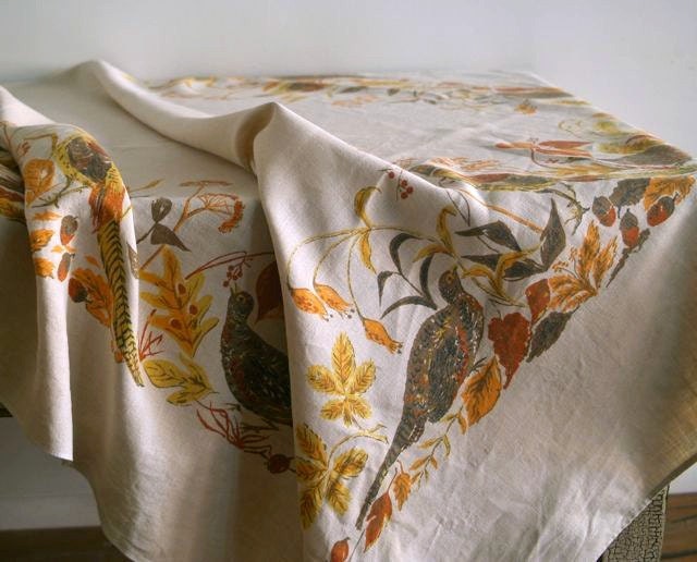 Reserved for Anne-Marie Virginia Zito Linen Pheasant Tablecloth and Napkin Set, 1960s Autumn Linen Set