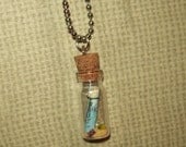 Miniature Glass Bottle Necklace / Map and Treasure /No. 73