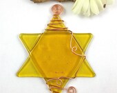 Amber Fused Glass Star of David Suncatcher Wrapped with Copper Wire