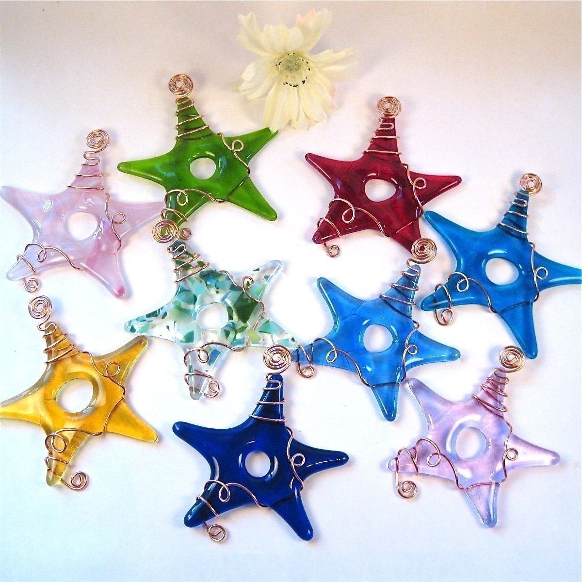Ten Glass Star Suncatcher Ornaments - Fused Glass Stars Your choice of colors wrapped with copper wire.