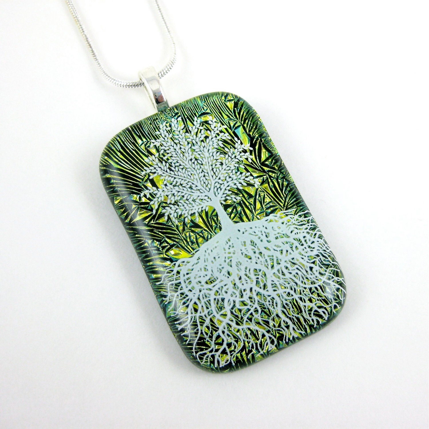 Green Dichroic Glass Necklace Tree of Life