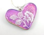 PInk Heart Dichroic Fused Glass Necklace with Flowers