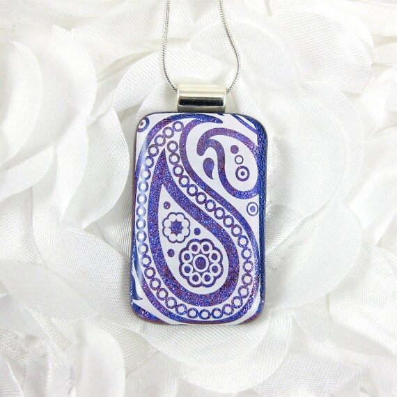 Purple and White Paisley Dichroic Glass Pendant