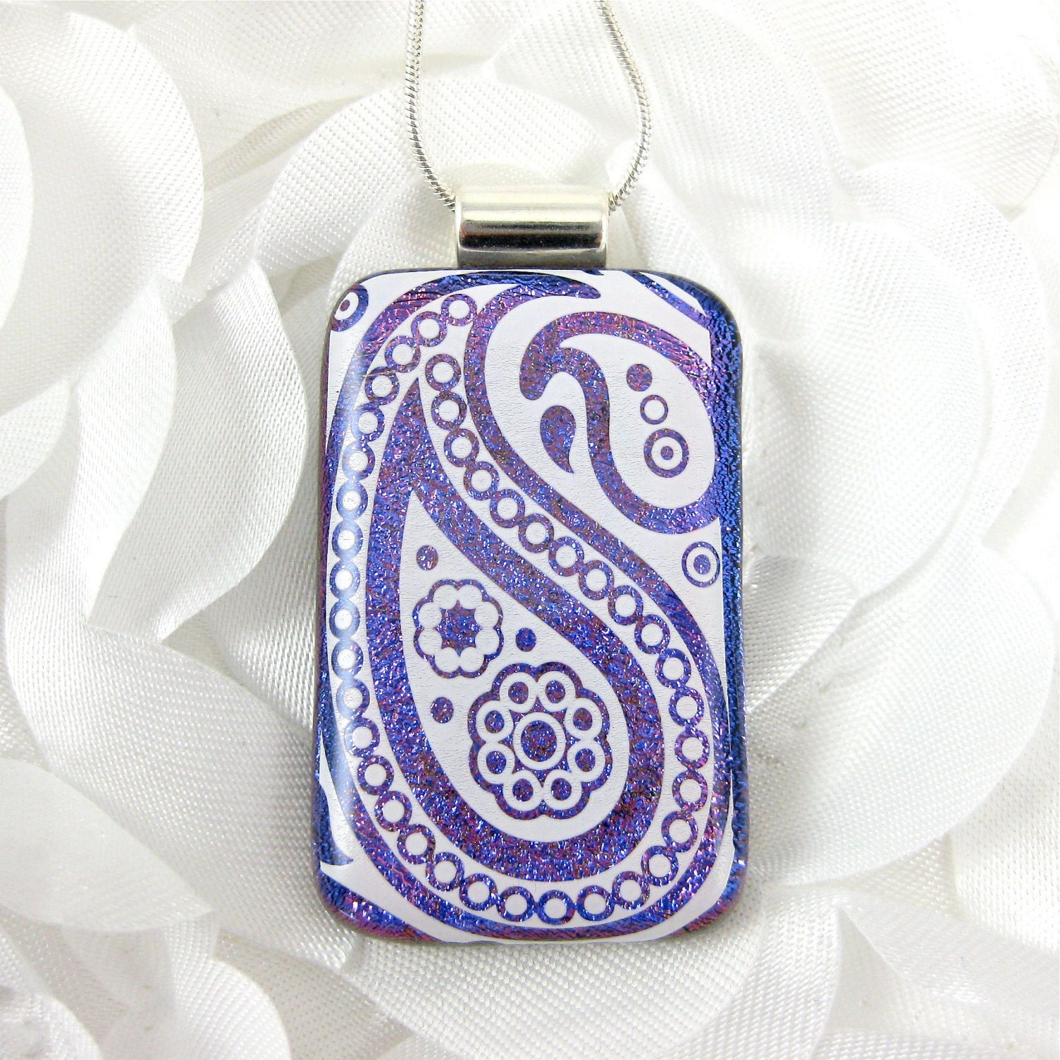 Purple and White Paisley Dichroic Glass Pendant