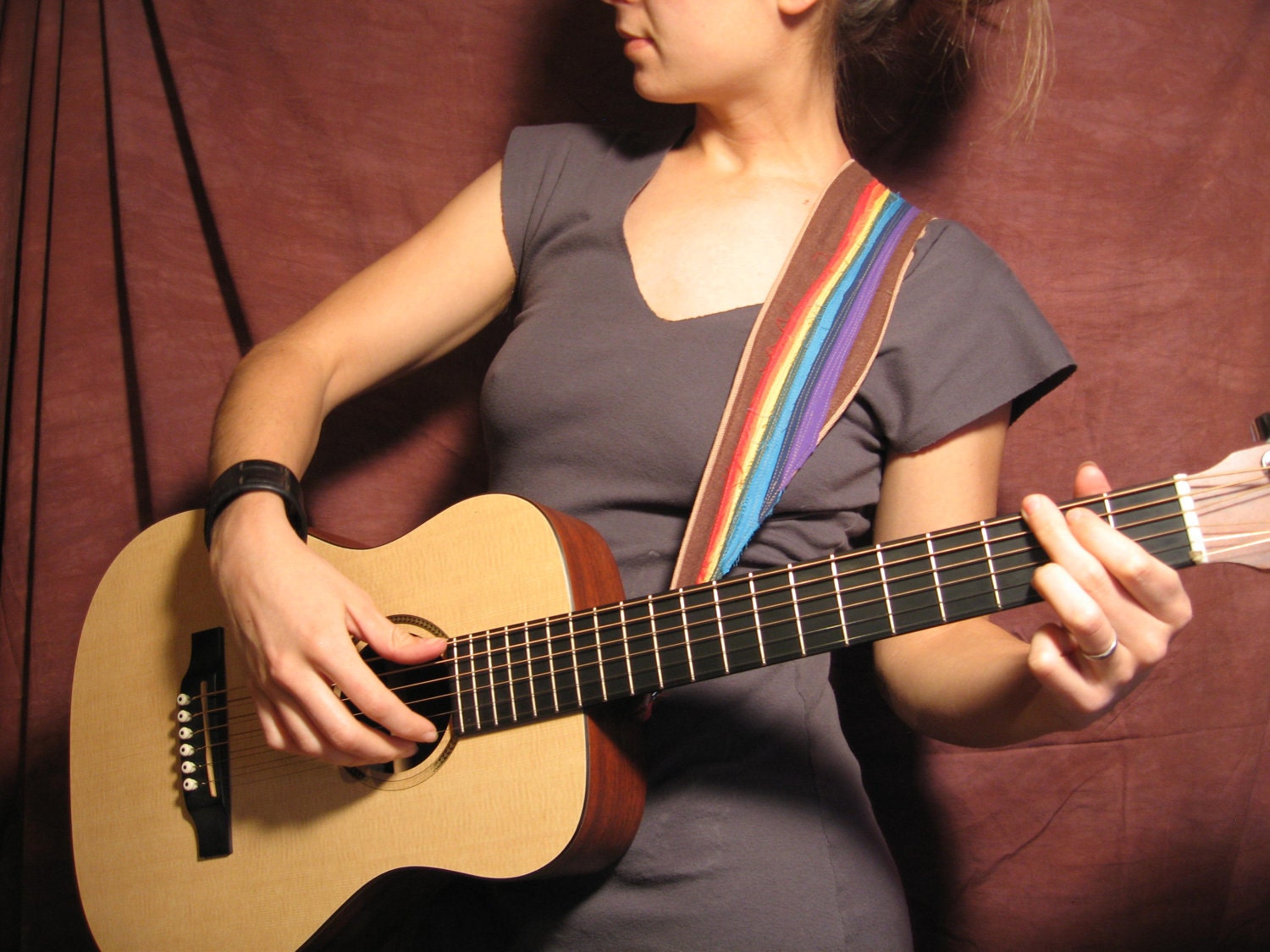 Hemp Guitar Strap- Frayed Rainbow design- Featuring Brown Hemp and Tencel blend atop kaki pesticide free hemp canvas- Vegan too