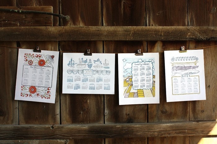 2011 Letterpress Calendar Farm Illustration FREE SHIPPING