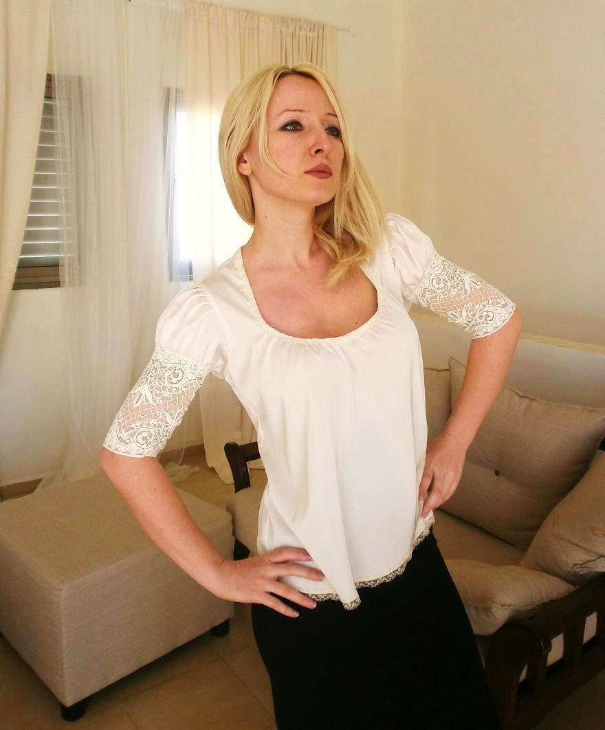 MARTINI DRY silk blouse silk ivory blouse silk ivory shirt with special french lace sleeves