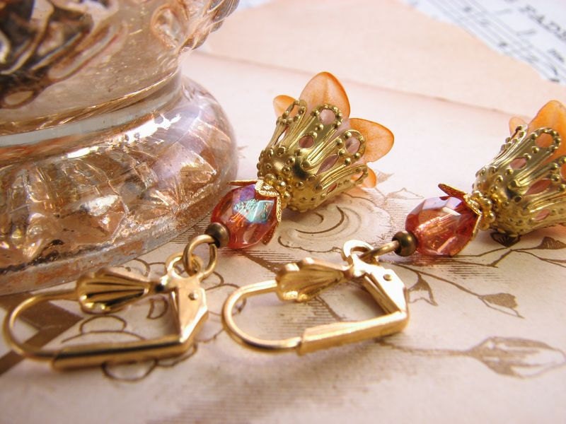 Peach shabby  flower earrings with filigree and lilies