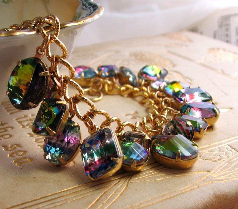 Rainbow bracelet with vintage Iris and Vitrail rhinestones