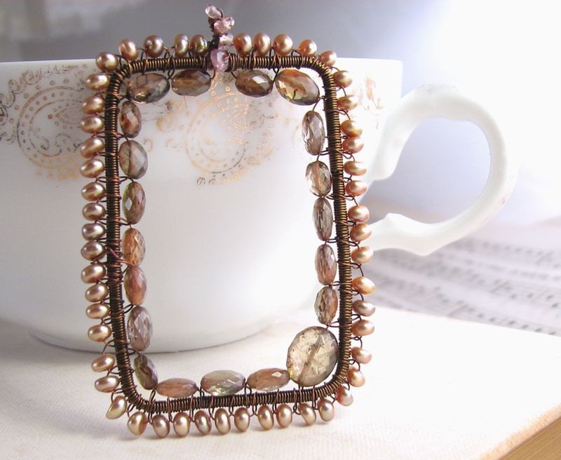 Andalusite and Pearl wire wrapped rectangle pendant necklace