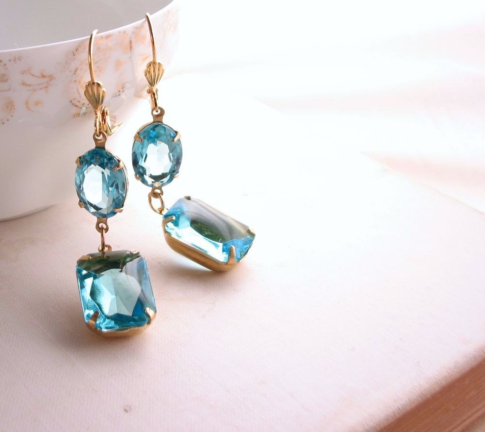 Aquamarine drop earrings with vintage rhinestones