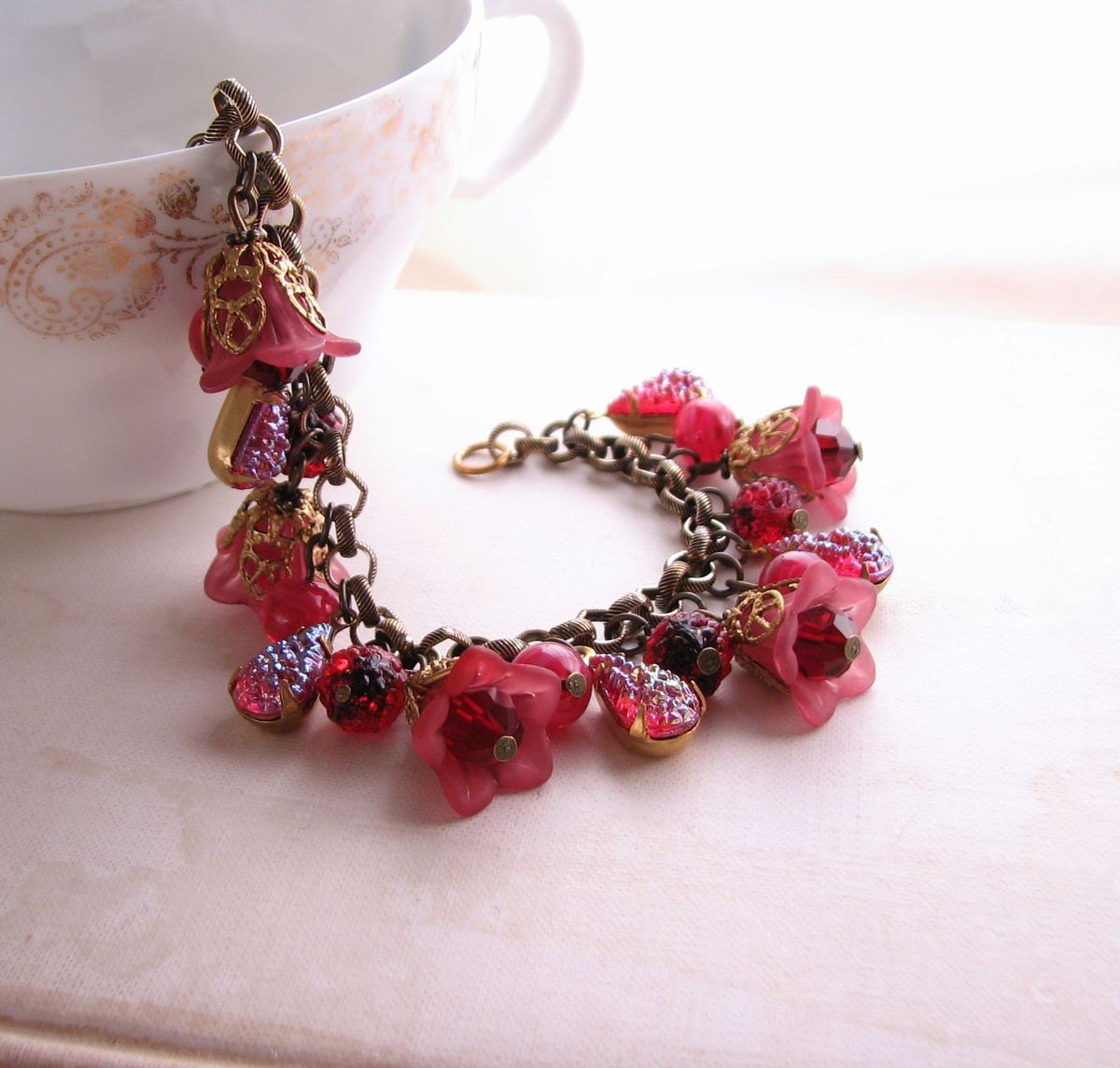 Red  Lily bracelet with vintage rhinestones
