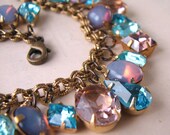 Pastel Aqua Lavender vintage rhinestone charm bracelet