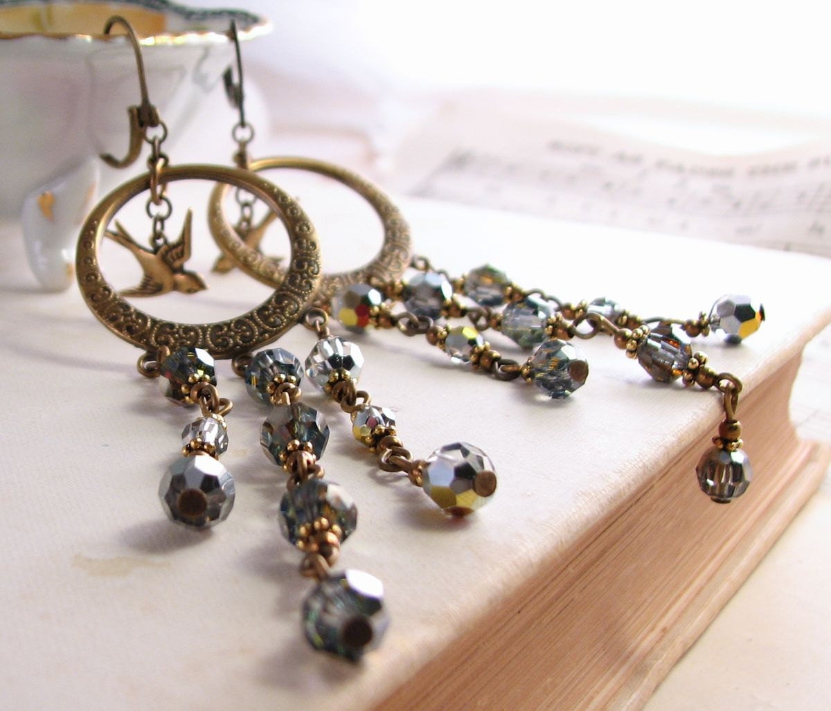 Gypsy Chandelier earrings with metallic crystals and birds