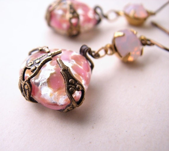Peach pink pastel earrings with vintage art glass and filigree