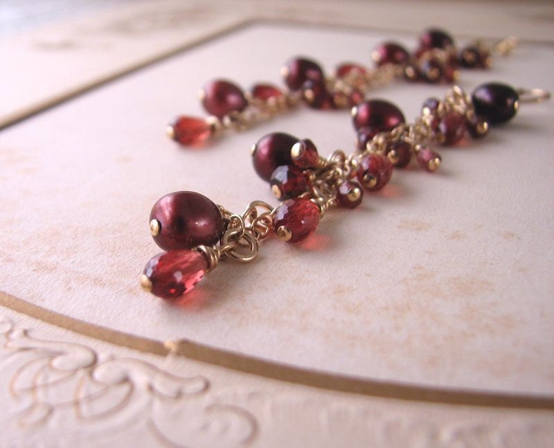 Burgundy garnet and pearl Garnet  long drop cascade earrings gold filled