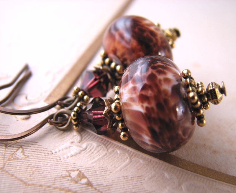 Russet leopard lampwork glass earrings