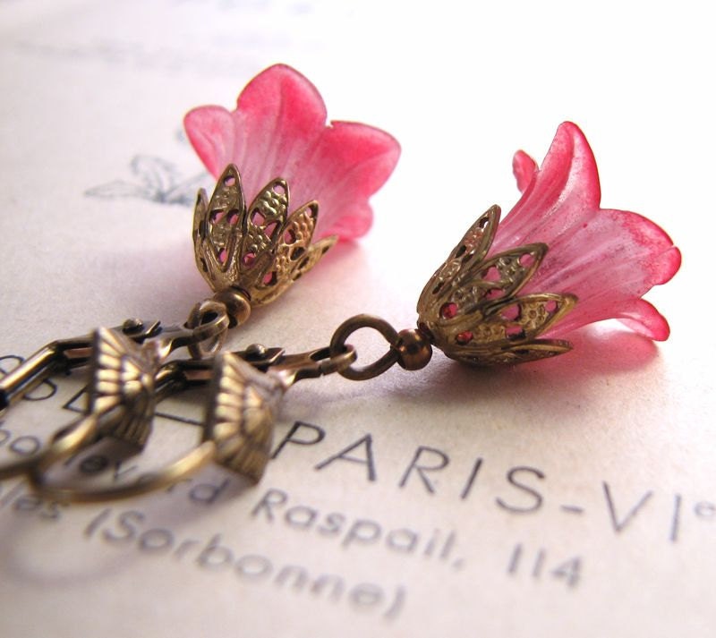 Red flower earrings with filigree Nature Inspired shabby chic