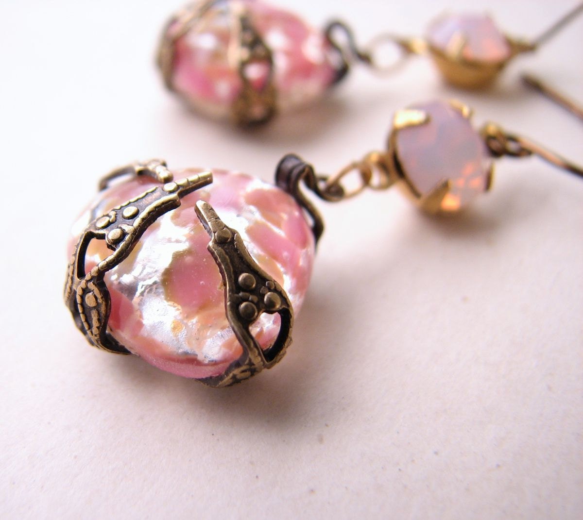 Peach pink pastel earrings with vintage art glass and filigree