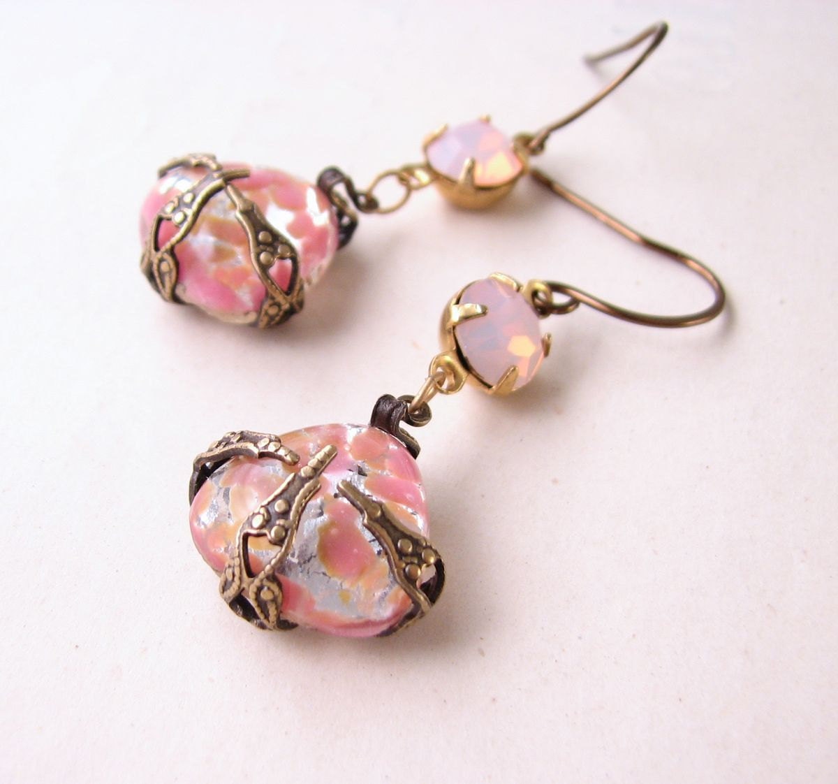 Peach pink pastel earrings with vintage art glass and filigree