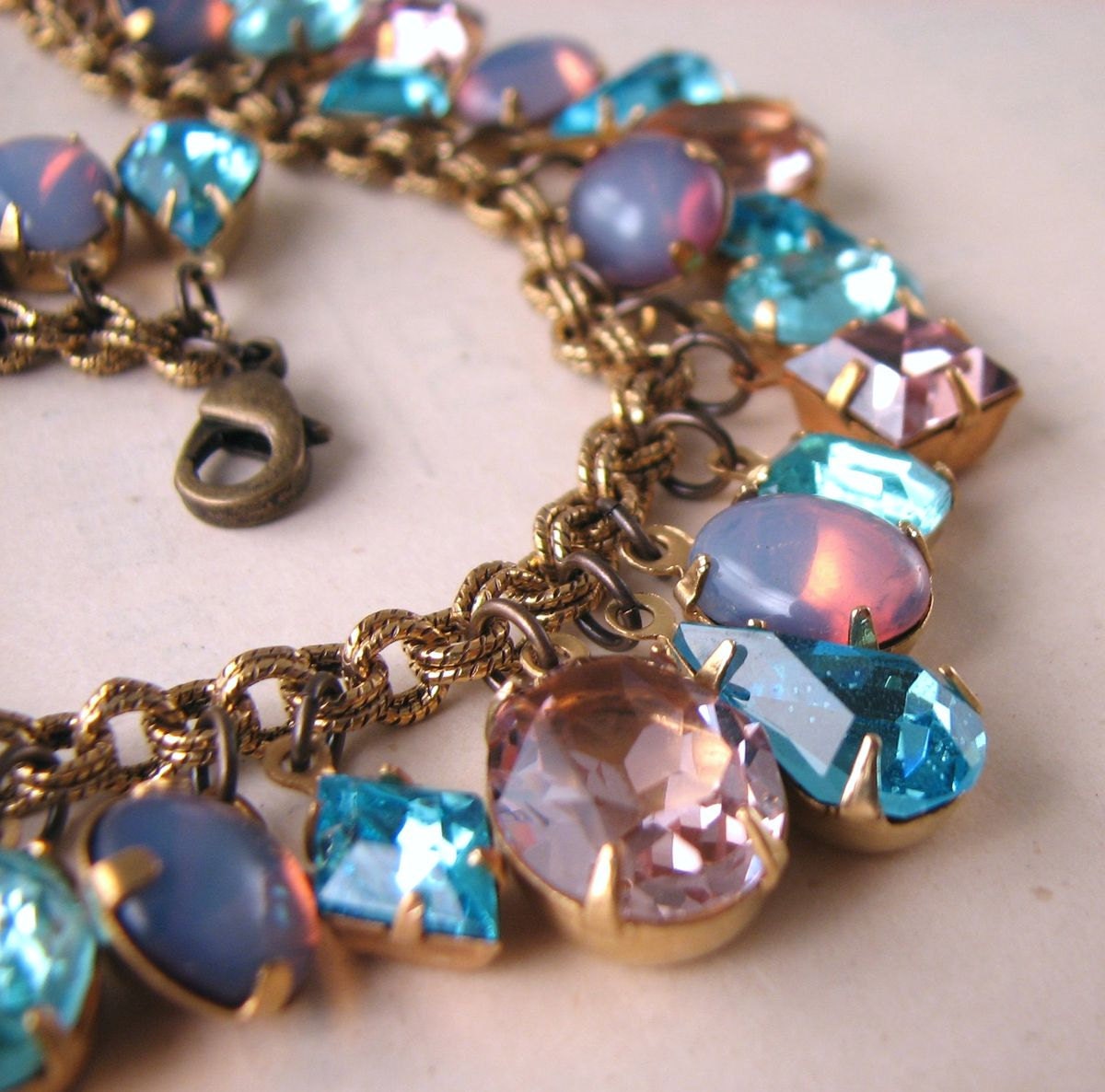 Pastel Aqua Lavender vintage rhinestone charm bracelet