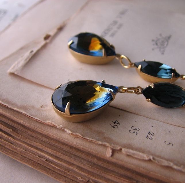 DARK NIGHT  sapphire drop earrings vintage blue and topaz rhinestones