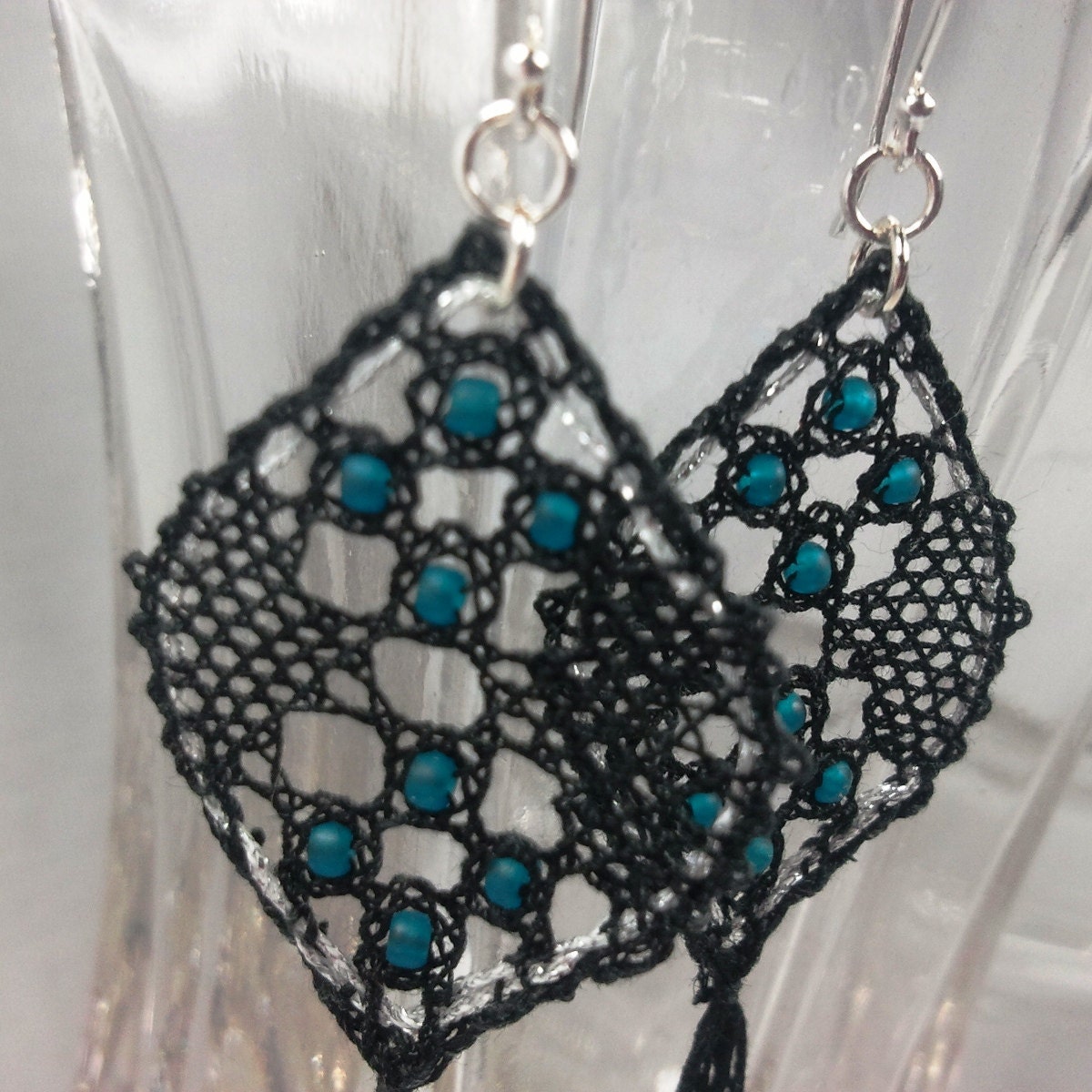 Items similar to Black Silk Bobbin Lace Earrings With Teal Beaded Rose