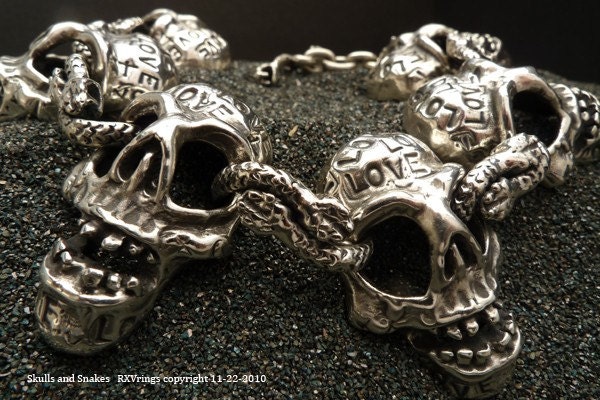 Love life bracelet Skulls and Snakes Solid Sterling Silver Biker Jewelry .925