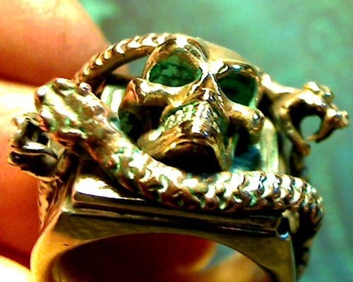 3 Rattle Snakes Skull Ring 18k nugget memento mori for  biker or wicca snake worship COPPER  BRONZE GOLD SILVER