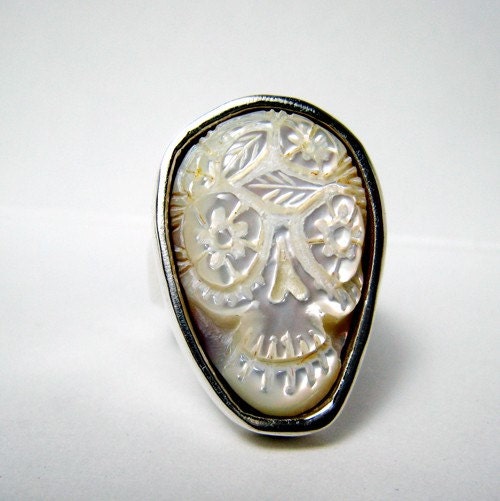 White Cloud Sugar Skull Ring Day of the dead carved mother of pearl free sizing to any size R026