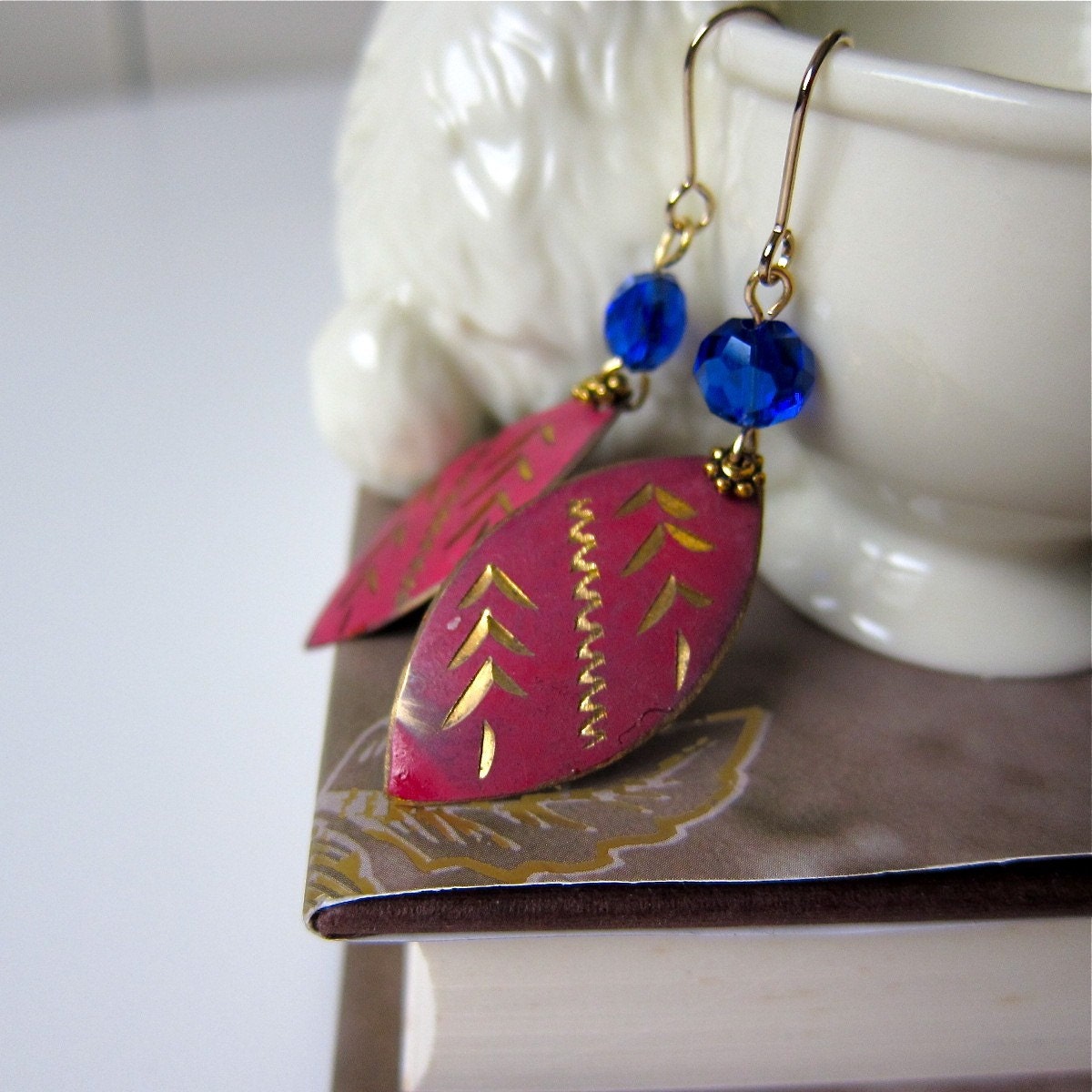 Vintage Rouge Red Leaves Etched Gold Design, Cobalt Blue Crystals, Gift for her, Gift under 30