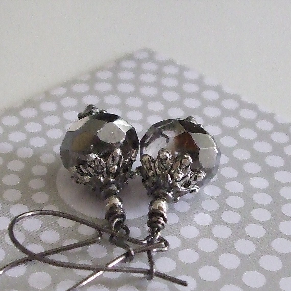 Faceted black diamond glass earrings with gunmetal ear wires