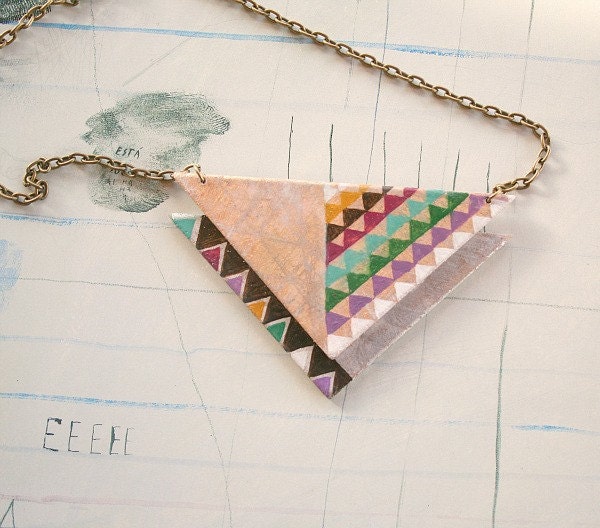 Hand painted geometric necklace. Colors. Triangles