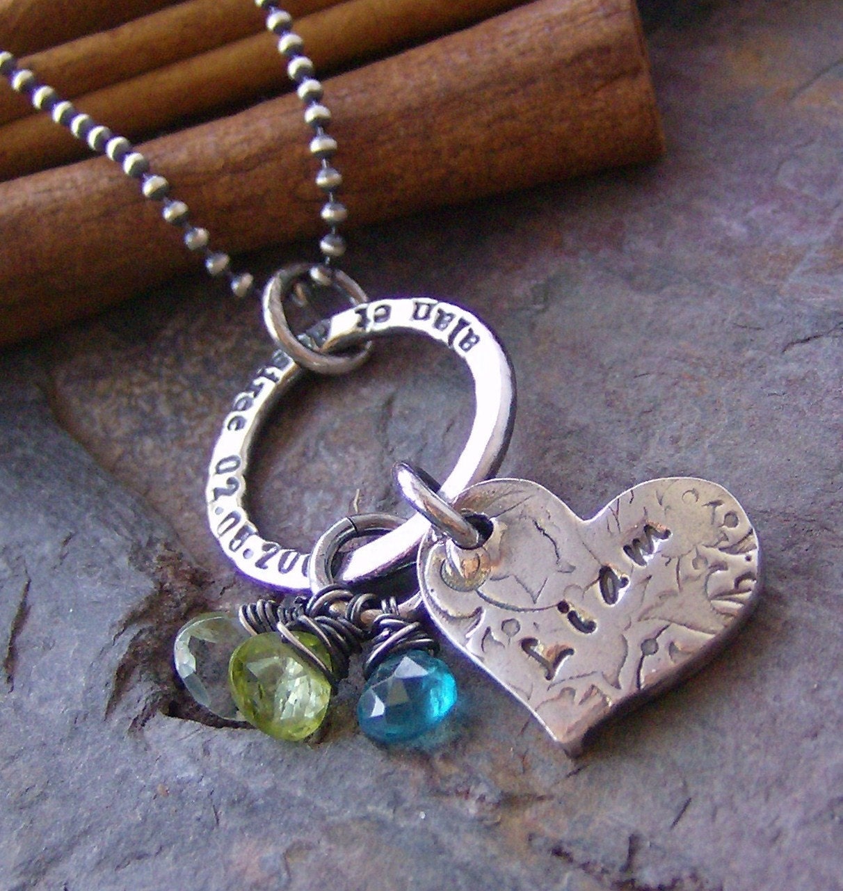 Vintage Romance with stamped ring..hand stamped personalized fine silver and gem stone necklace