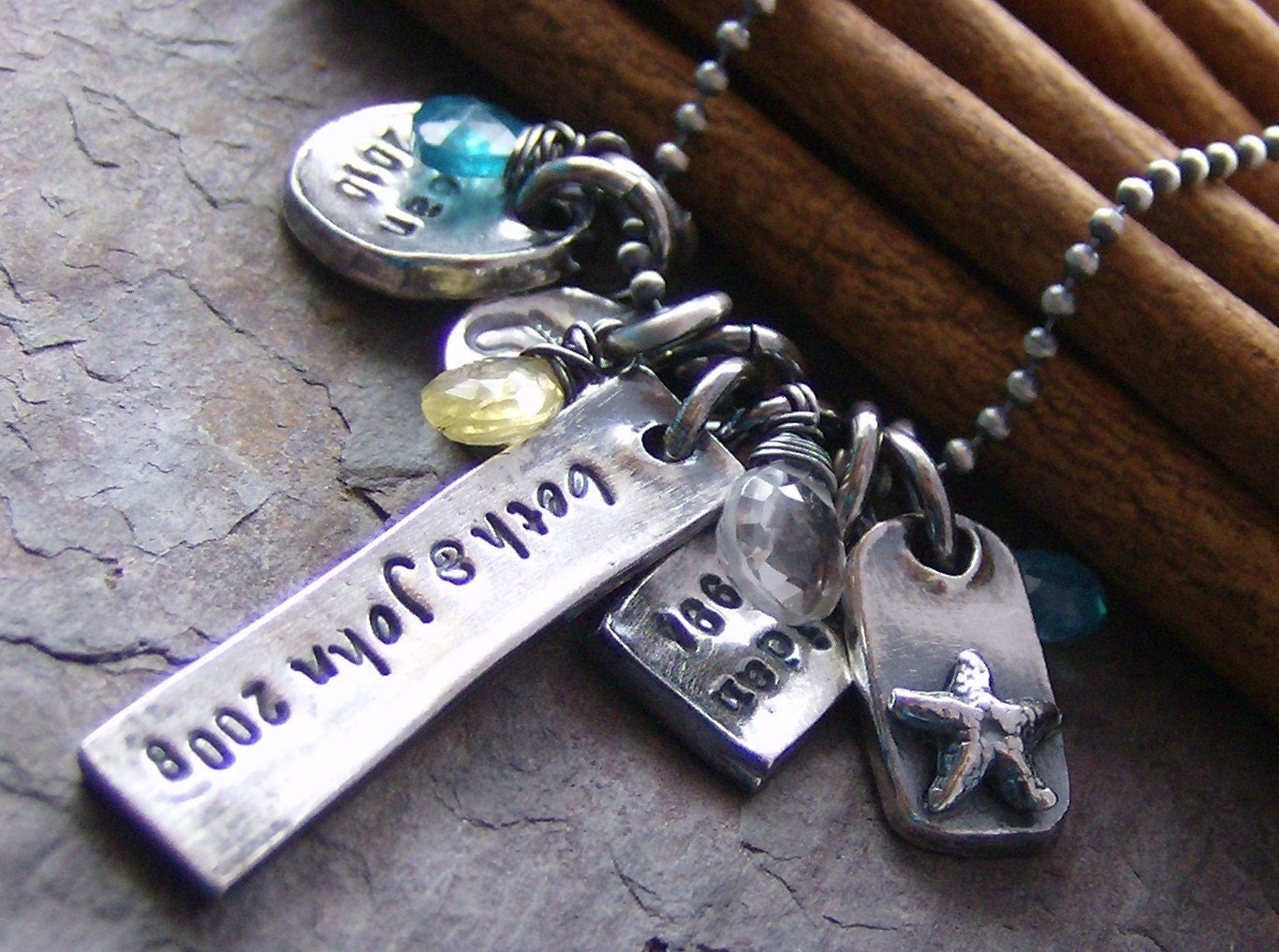 Eclectic Beach Family...fine silver hand stamped personalized necklace with gem stones