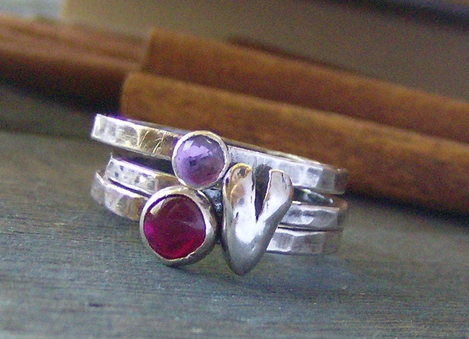All you need is love birthstone set.... hand stamped silver and gem stone stackable stacking rings
