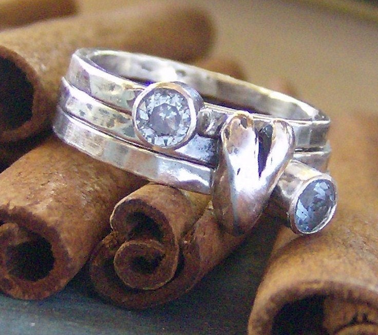 Heart and stone hand stamped silver and faceted gem stone stacking rings