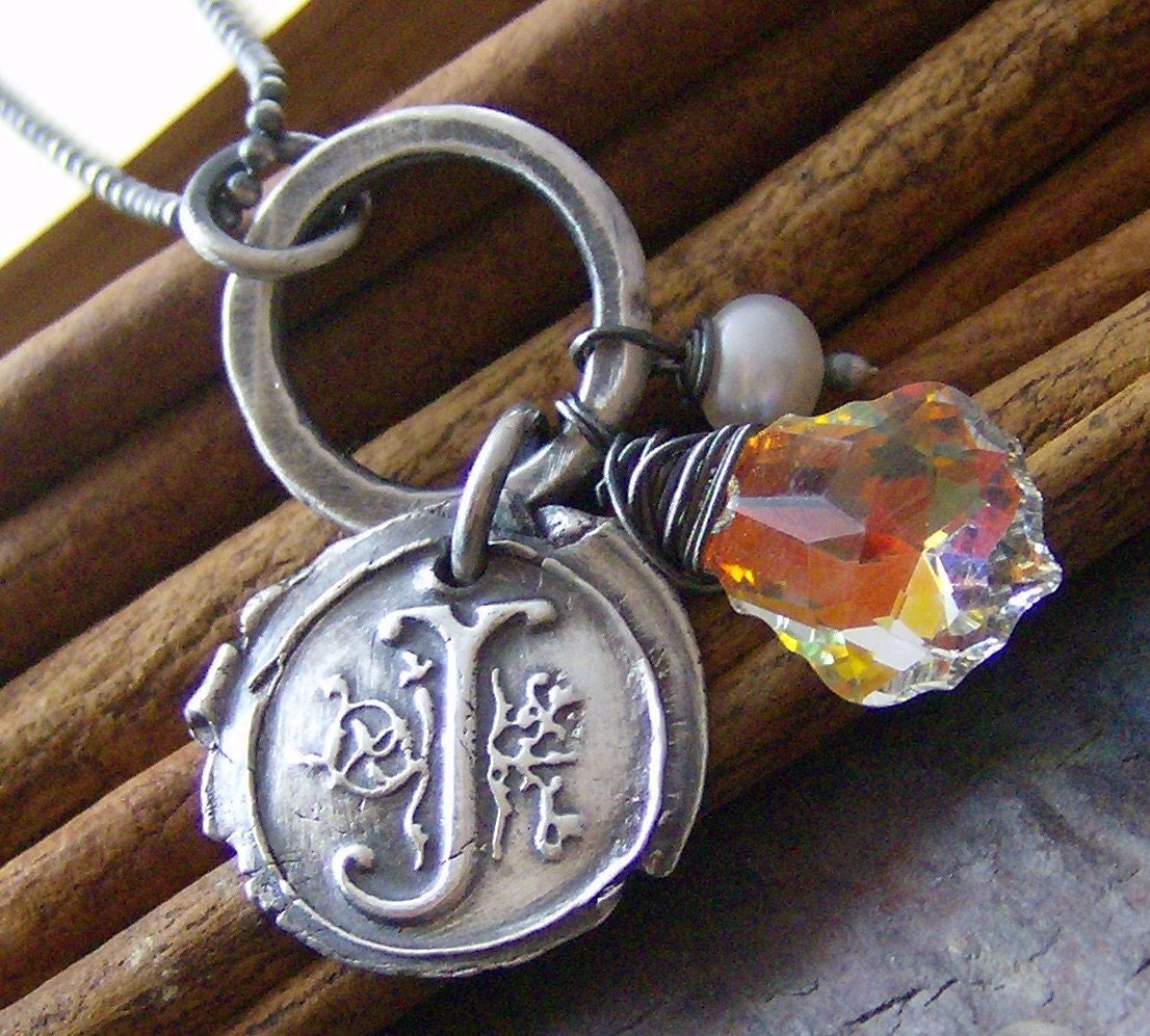 Fancy vintage letters... hand stamped fine and sterilng silver crystal necklace