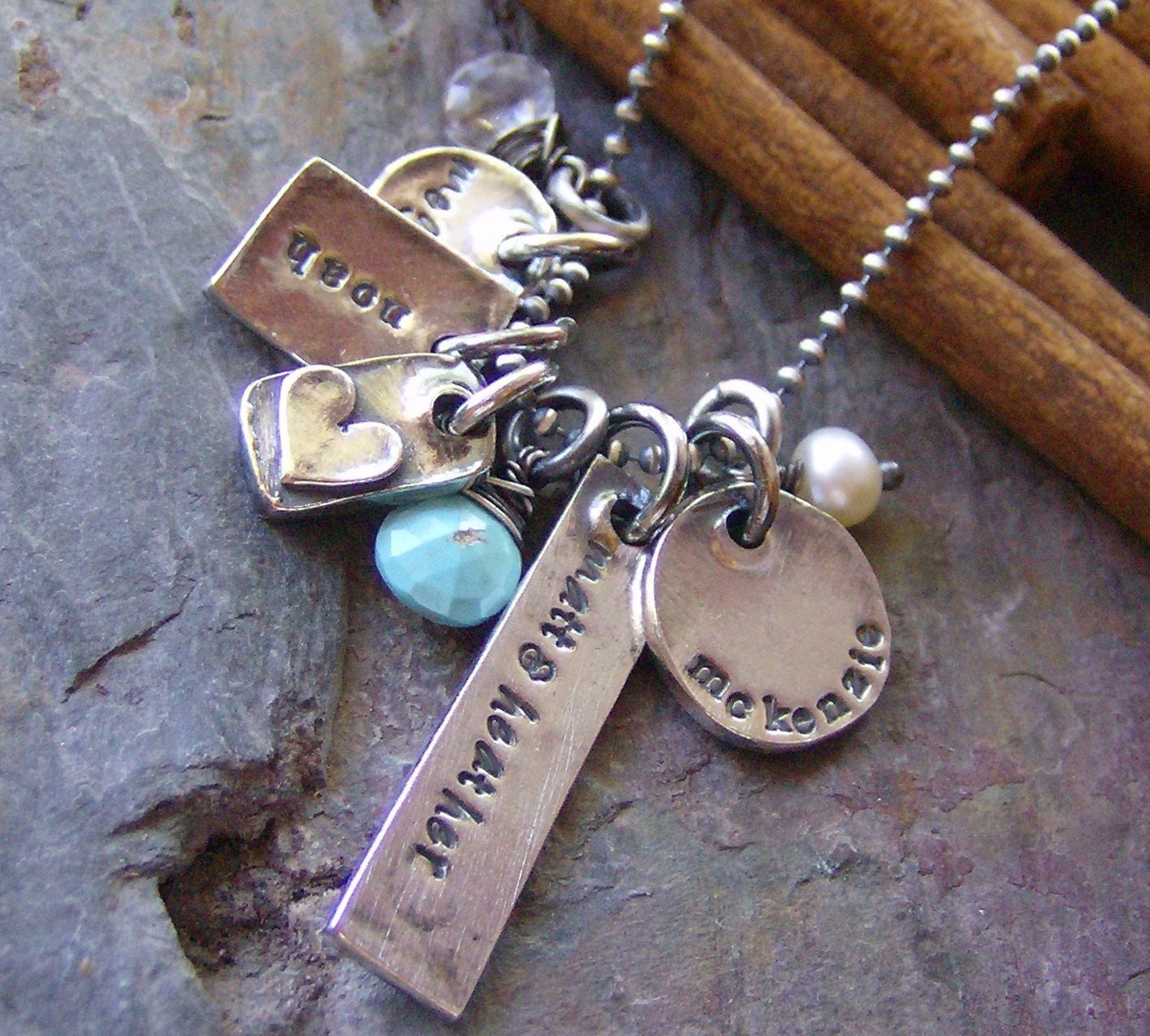 Eclectic Family...fine silver hand stamped personalized gem stone necklace