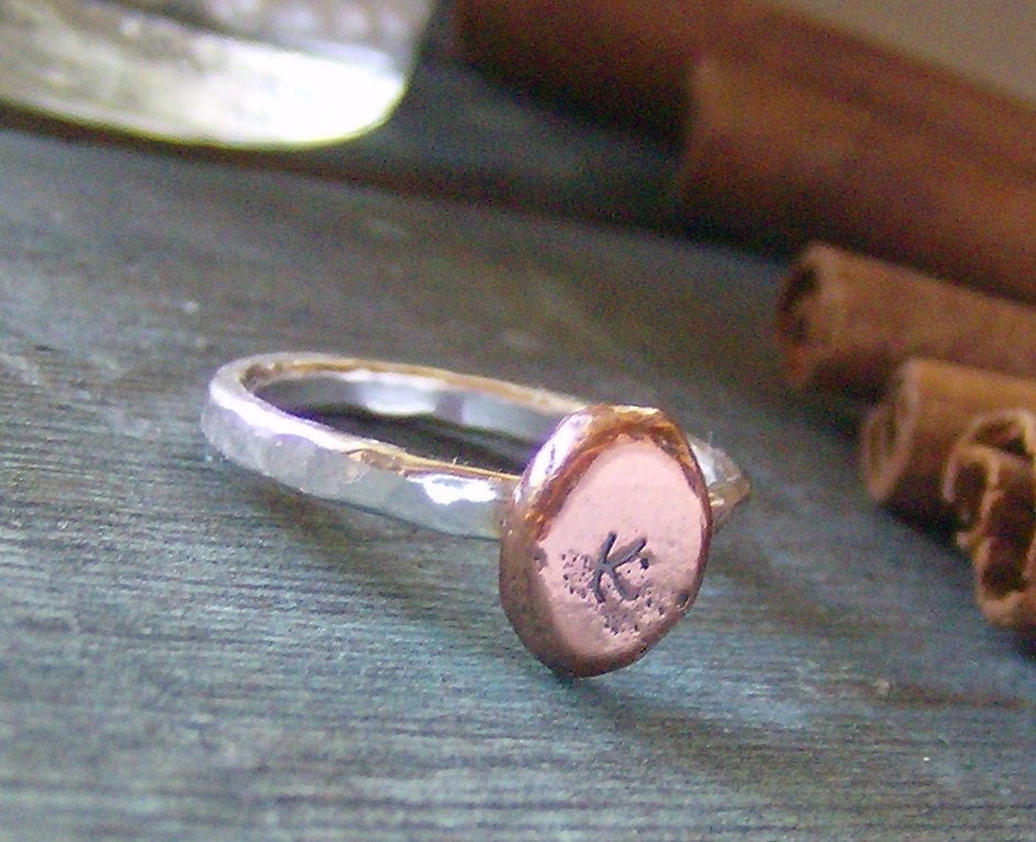 hand stamped personalized copper and silver pebble stacking ring