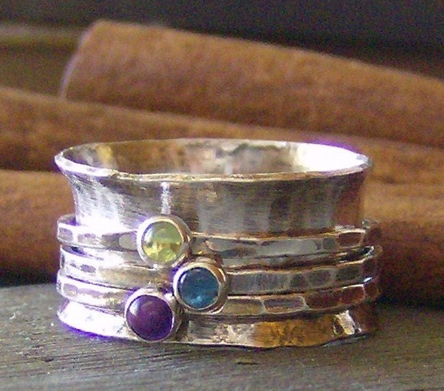 hand stamped Birthstone sterling silver spinner ring mothers ring