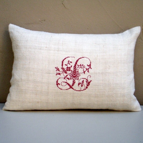 Items similar to French Monogrammed Antique Linen Decorative Pillow on Etsy
