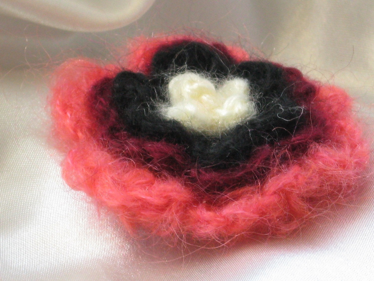 crochehted  flower brooch from mohair, 4 layers -- peach-bordo-black-off white