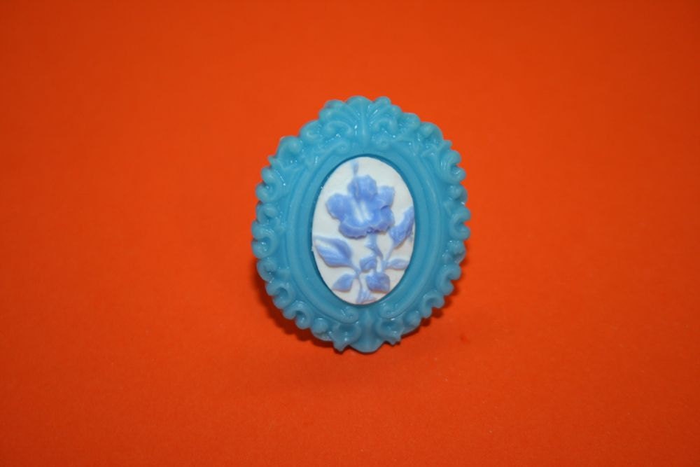 Small Blue Hibiscus Flower Cameo in Blue Resin Setting Ring