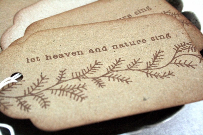 Let Heaven and Nature Sing Christmas Gift Tags Rustic Kraft Cardstock Pine Garland Homespun Primitive