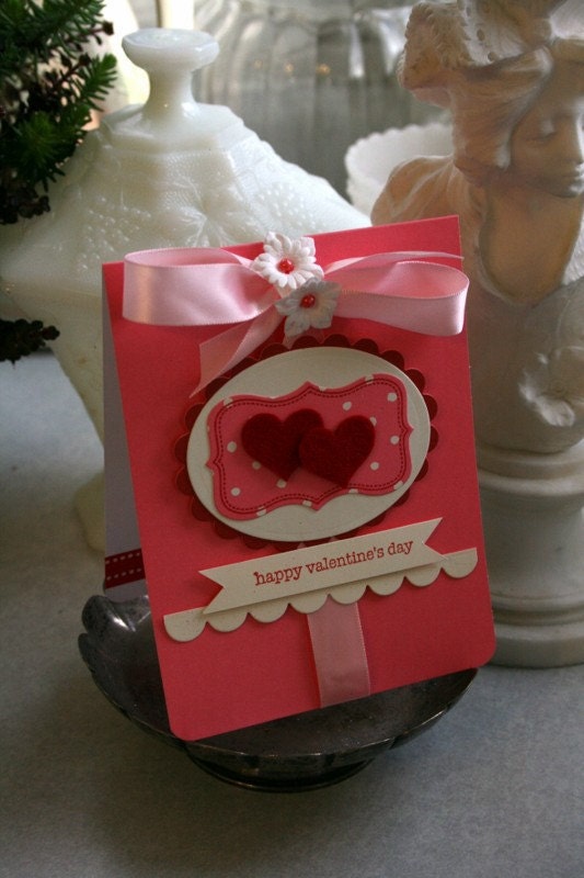 Hand Stamped Card Valentine's Day Card Red Felt Hearts Pink Polka Dots Satin Ribbon Paper Flowers