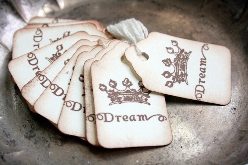 Crown Tags Royalty Regal Dream Hand Stamped Brown Ink Shabby Chic Ivory Sponged Edge Gift Tags