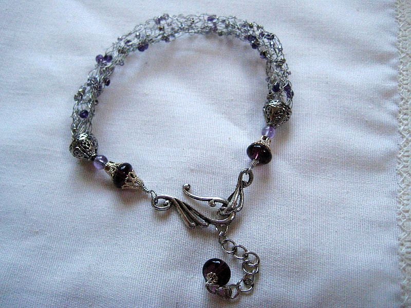 Wire wrapped  knitted with wire bracelet in amethyst and silver-   a perfect  gift under 40USD