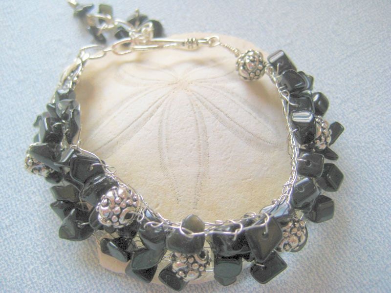 Knitted wire cuff  bracelet in silver and black  onyx